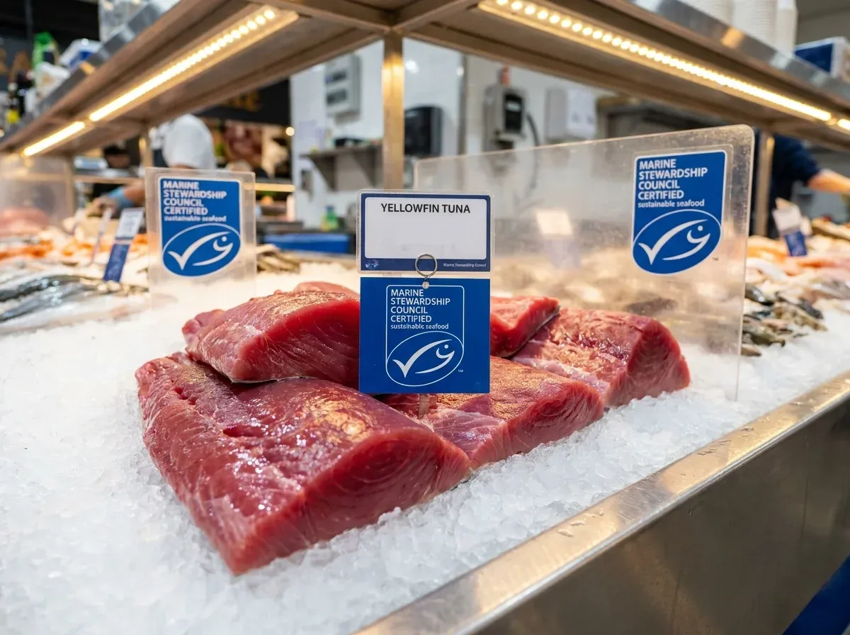 Fresh yellowfin tuna steaks displayed on ice with Marine Stewardship Council certified sustainable seafood labels.