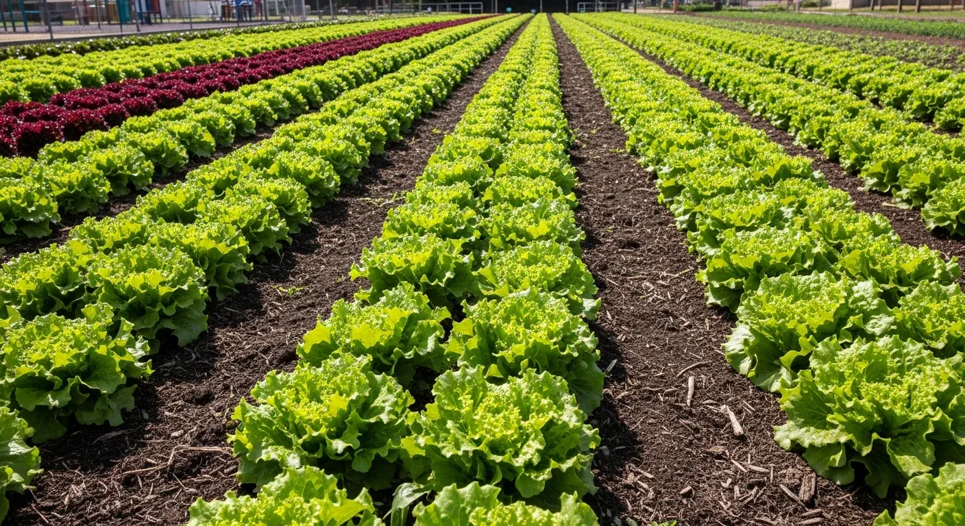 Rows of bright green and red leaf lettuce growing in organized lines in an outdoor field with pathways between them