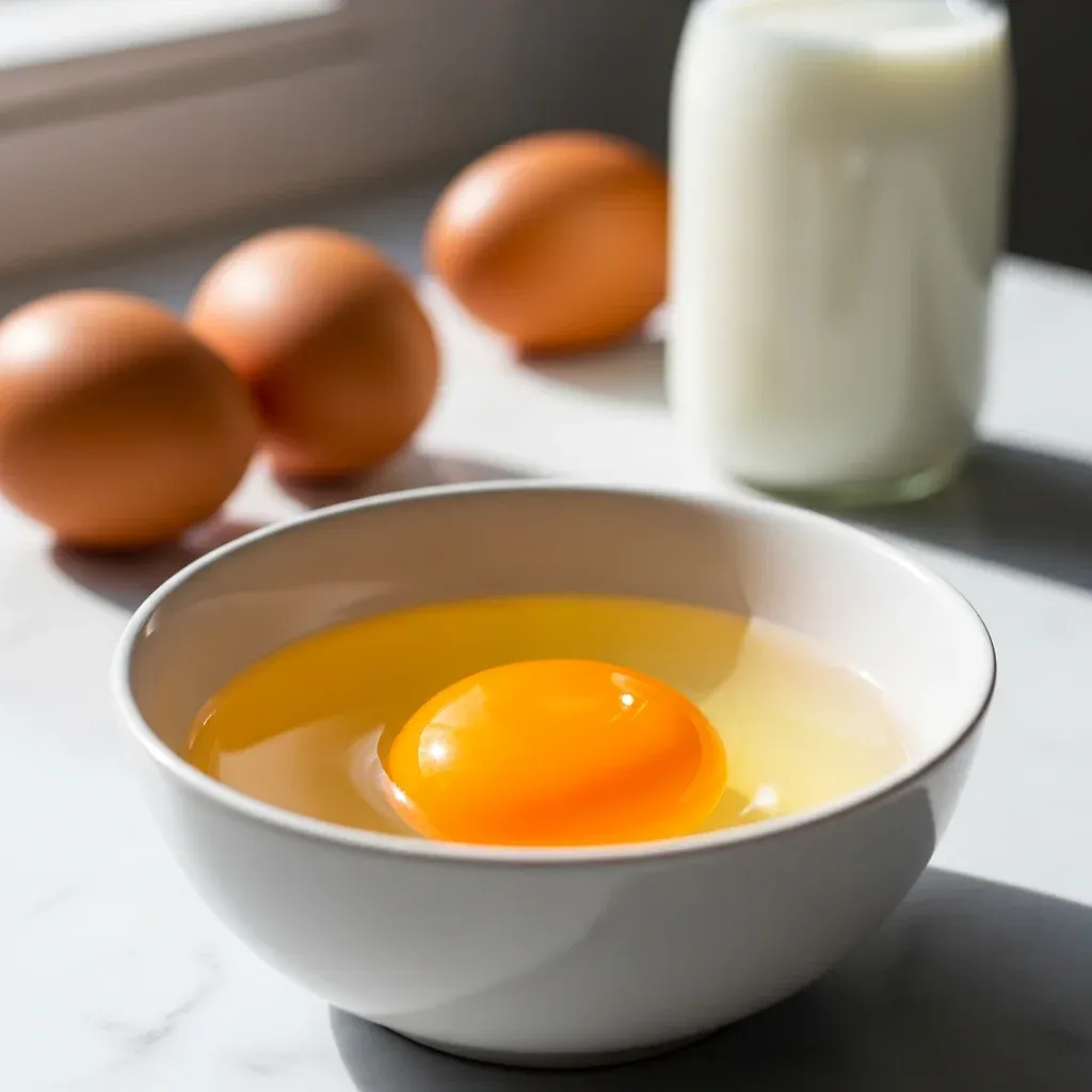Cracked egg in white bowl showing bright orange yolk, with whole brown eggs and milk in background