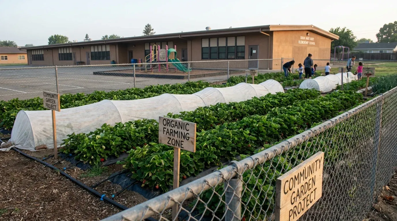 Community garden with organic strawberry beds and row covers at elementary school, people tending plants near playground in background.
