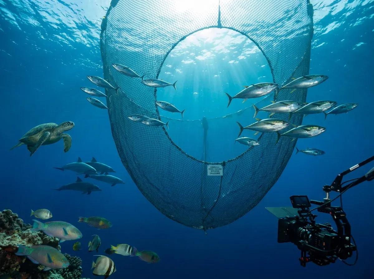 Underwater purse seine net capturing tuna with sea turtles, sharks, and reef fish as bycatch, filmed by camera rig.