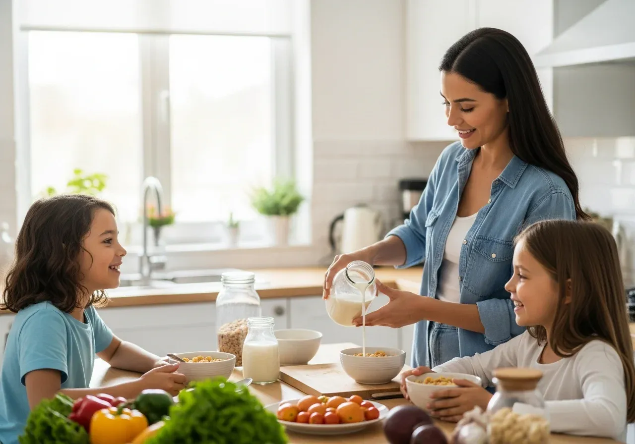 Mother pouring milk for two daughters eating cereal at kitchen table with fresh vegetables nearby