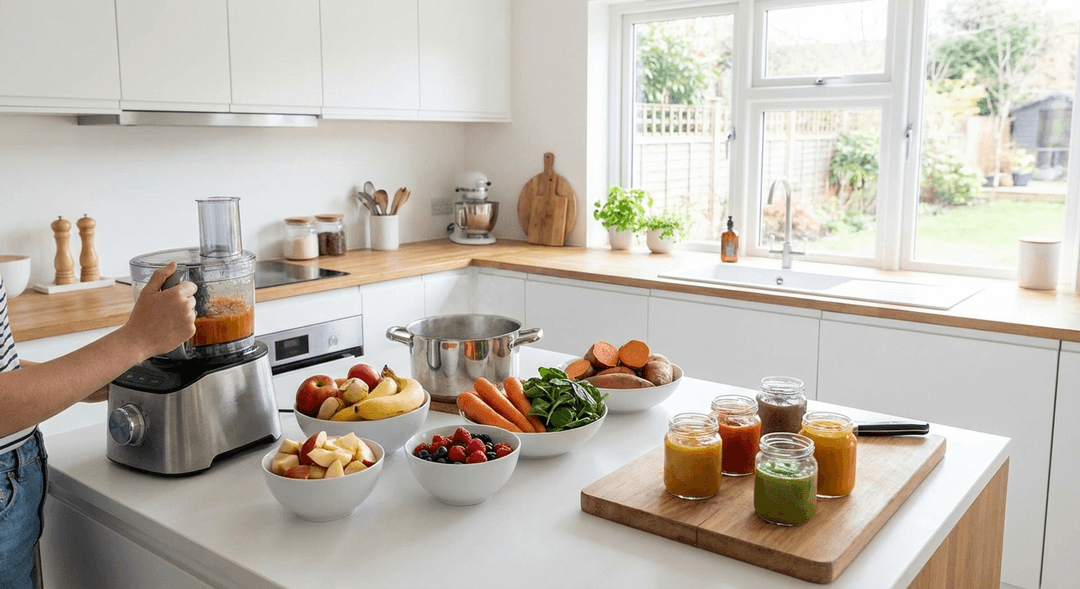 Homemade baby food being prepared with fresh fruits and vegetables