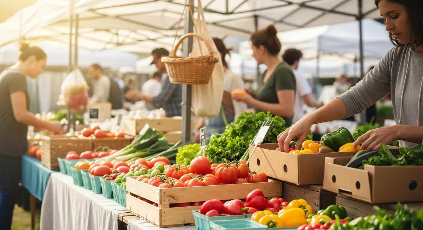 Woman selecting bell peppers from wooden crates filled with fresh tomatoes, lettuce, and vegetables at outdoor farmers market.