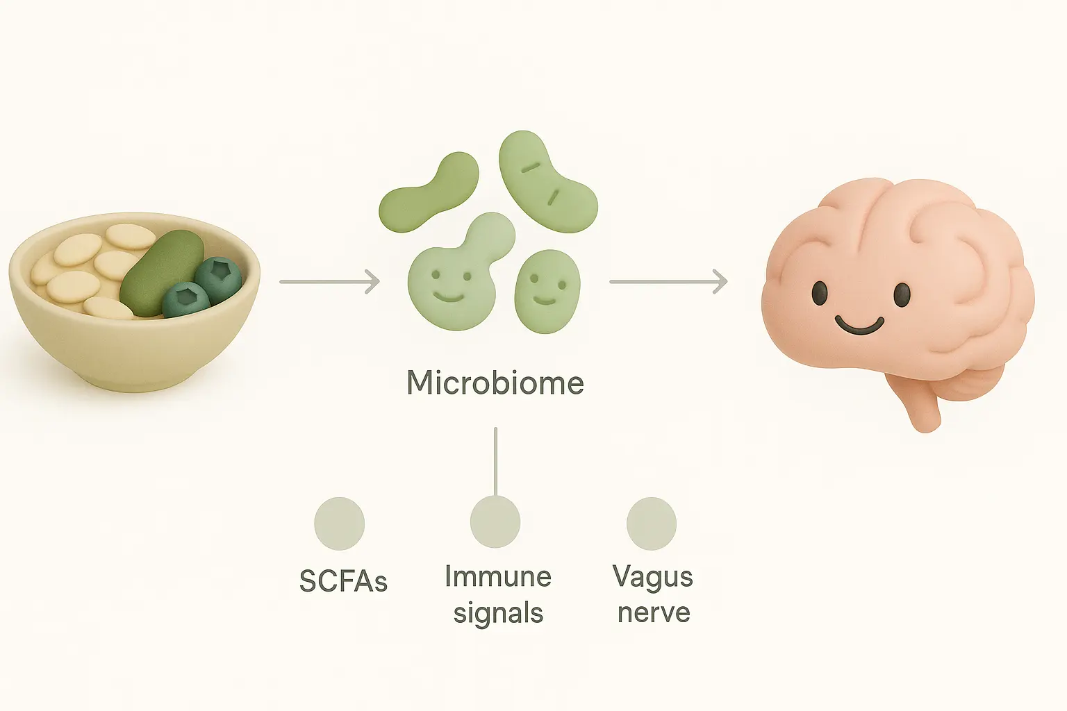 Simple diagram: food → microbiome → SCFAs, immune signals, vagus nerve → brain.