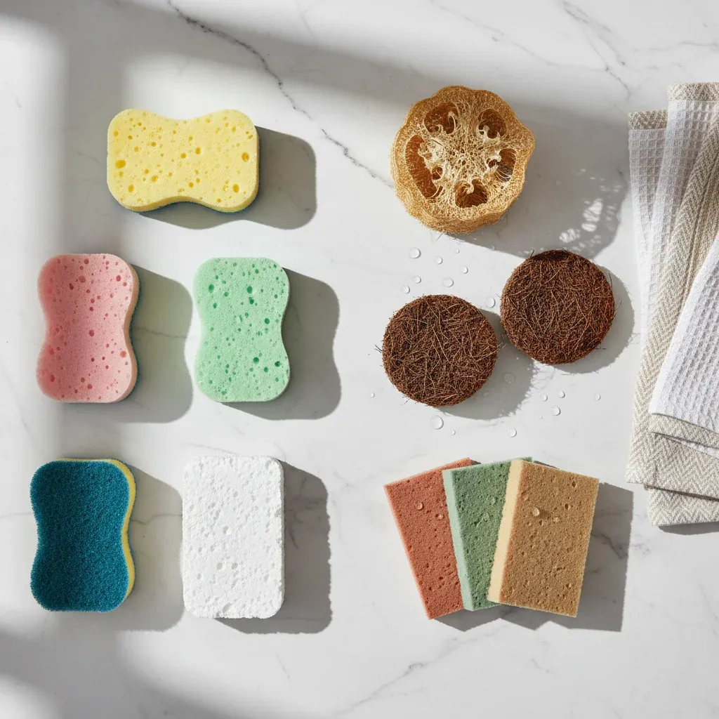 Assorted cleaning sponges including colorful synthetic sponges, natural loofah, coconut fiber scrubbers, and white cotton towels on marble surface.