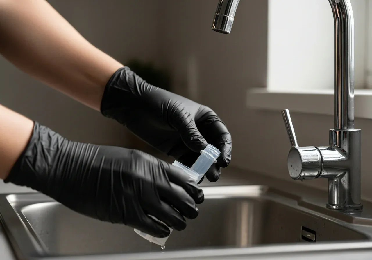 Person wearing black gloves collecting water sample in vial from chrome kitchen faucet for laboratory testing