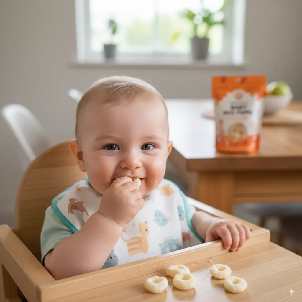 baby eating puffs