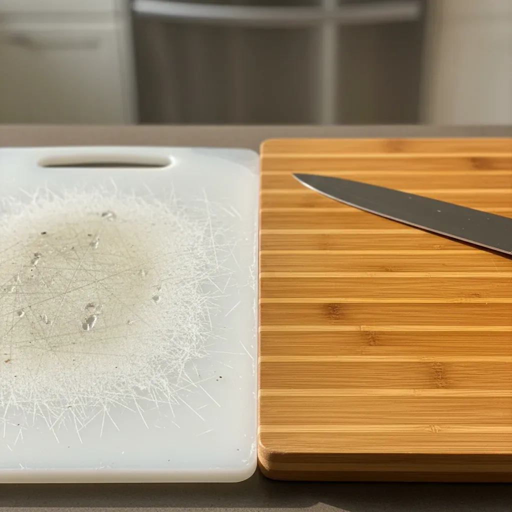 Heavily scratched white plastic cutting board next to clean bamboo cutting board with knife on kitchen counter