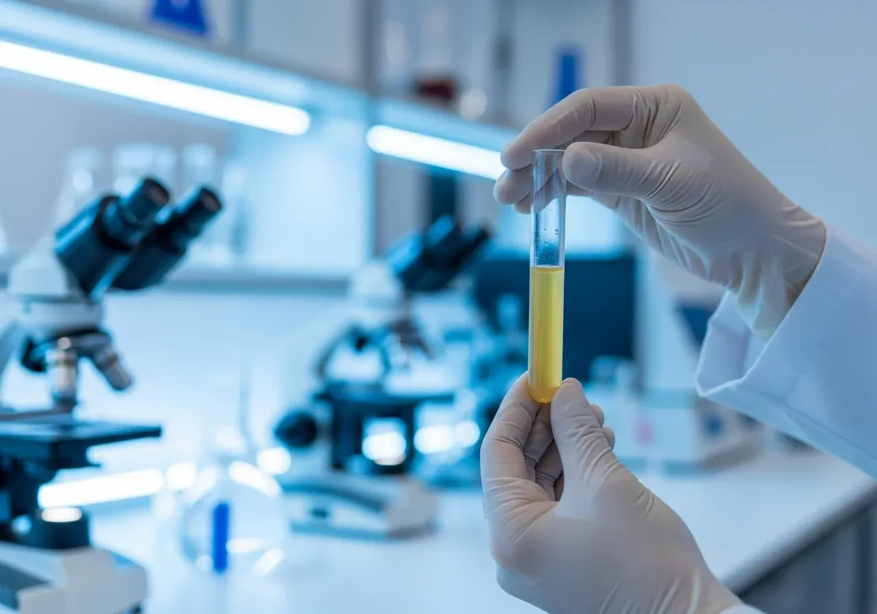 Laboratory technician holding test tube containing yellow liquid sample for chemical analysis