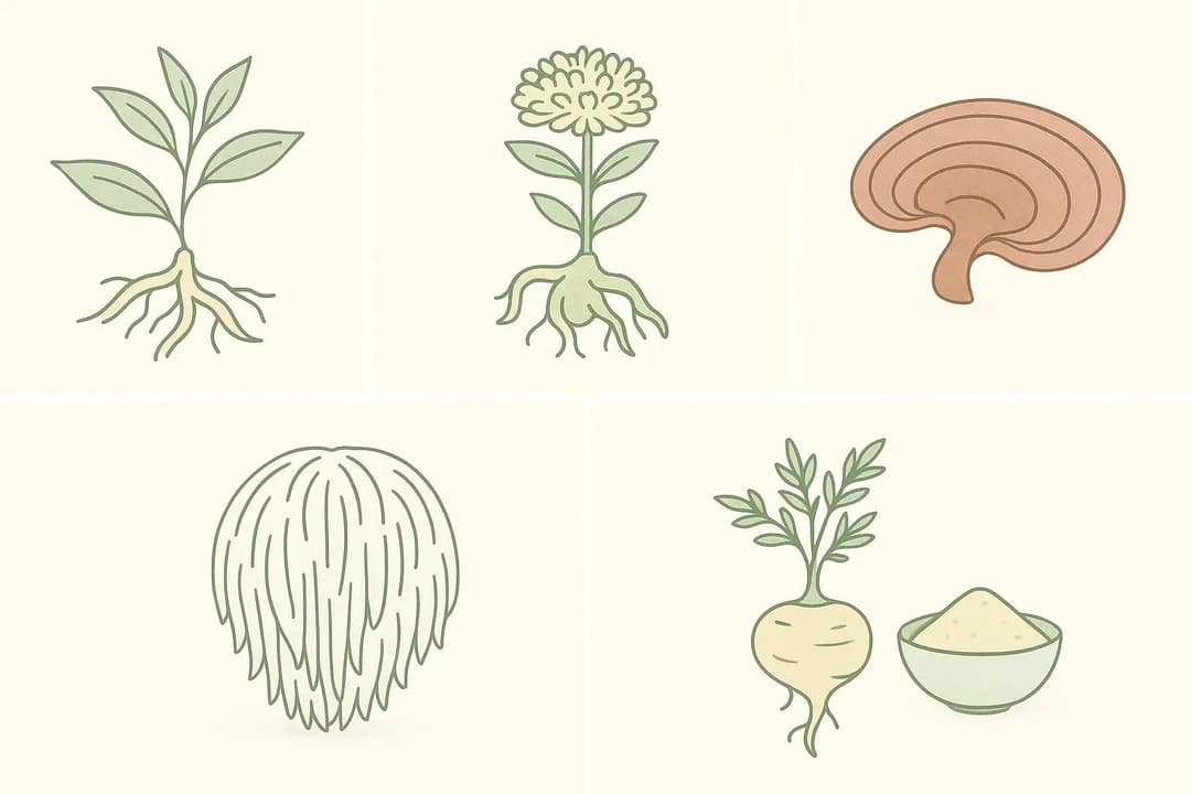 Iconic five-panel overview of ashwagandha, rhodiola, reishi, lion’s mane, and maca.