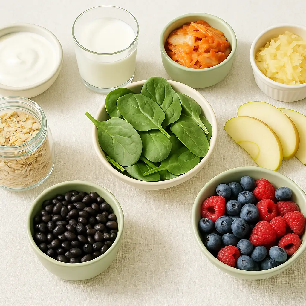 Top-down flat-lay of gut-friendly foods: yogurt, kefir, kimchi, sauerkraut, oats, beans, leafy greens, berries, apples.