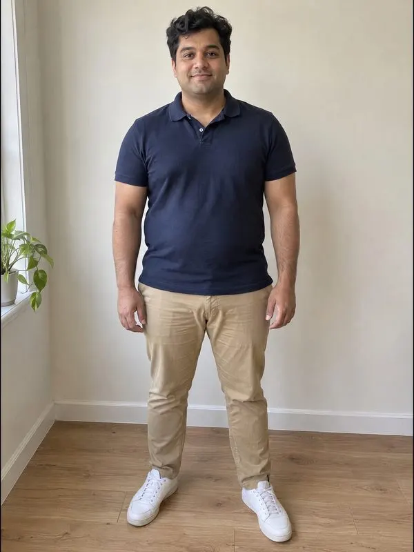 AI-generated example man at 220 lb, standing and facing the camera