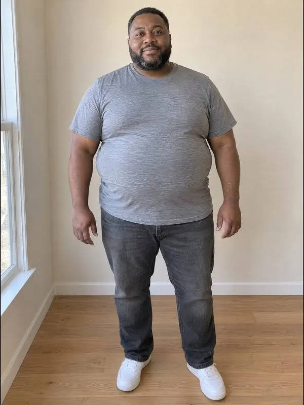 AI-generated example man at 340 lb, standing and facing the camera
