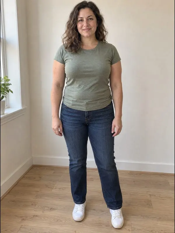 AI-generated example woman at 172 lb, standing and facing the camera