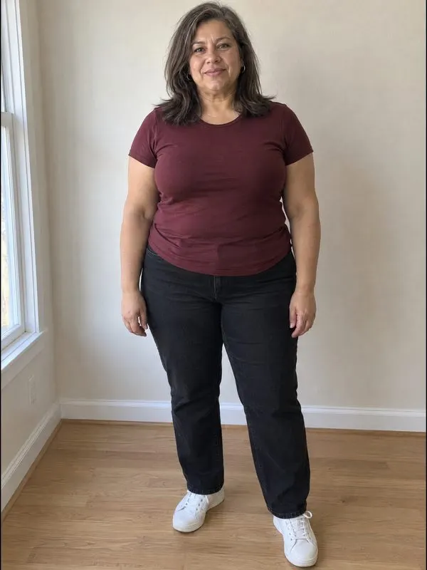 AI-generated example woman at 240 lb, standing and facing the camera